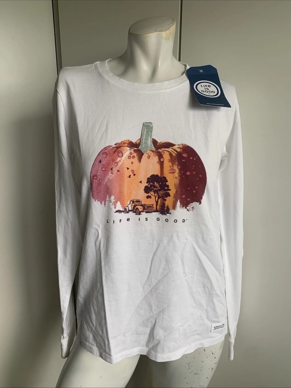 Life Is Good White Long-Sleeve Tee with Orange-Red Pumpkin Graphic
